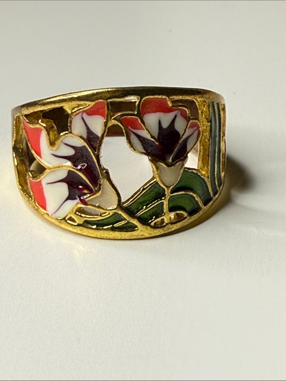 Vintage Gold-Tone Floral Enamel Ring with Red, White & Green Accents open work